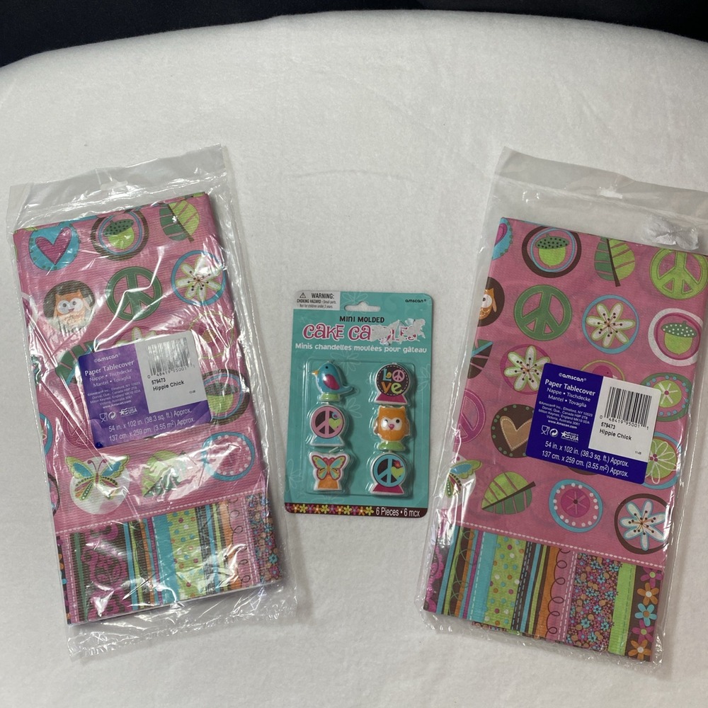 Hippie Chick Peace Owl Pink Tablecover Candles Birthday Party Decoration Lot